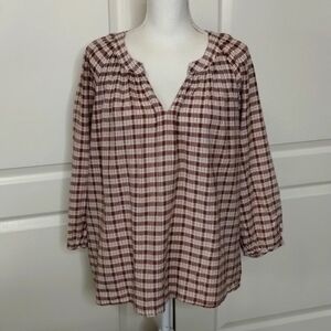 Universal Thread women's XXL brown/cream plaid pleasant style blouse v-neckline